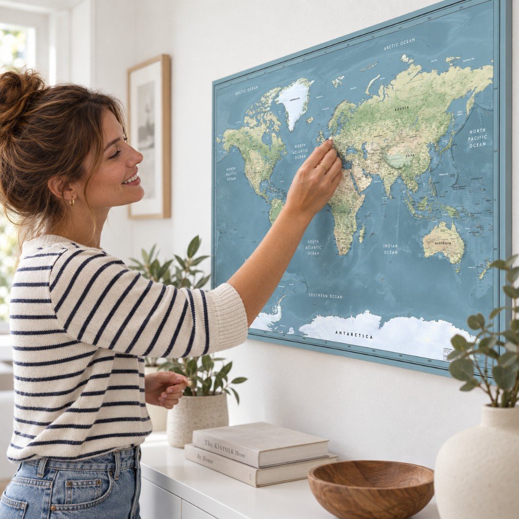 Woman placing a pin on a Pinplace world map