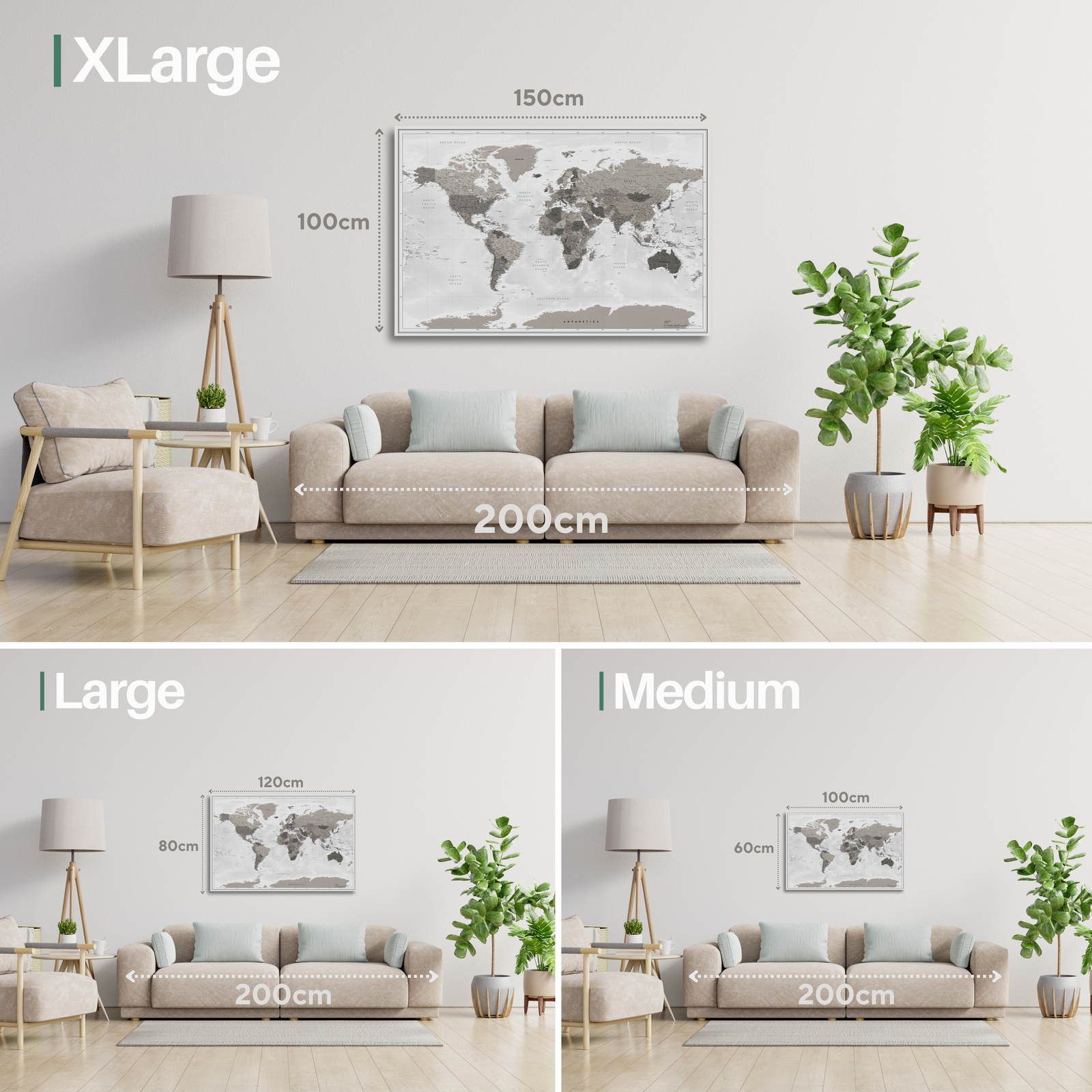 Map sizes: Medium 90×60 cm, Large 120×80 cm, XLarge 150×100 cm